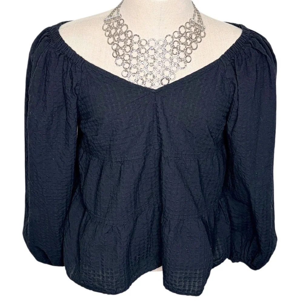 Old Navy Peplum Top L Black Tiered Balloon Sleeve V-Neck Seersucker Boho Blouse
